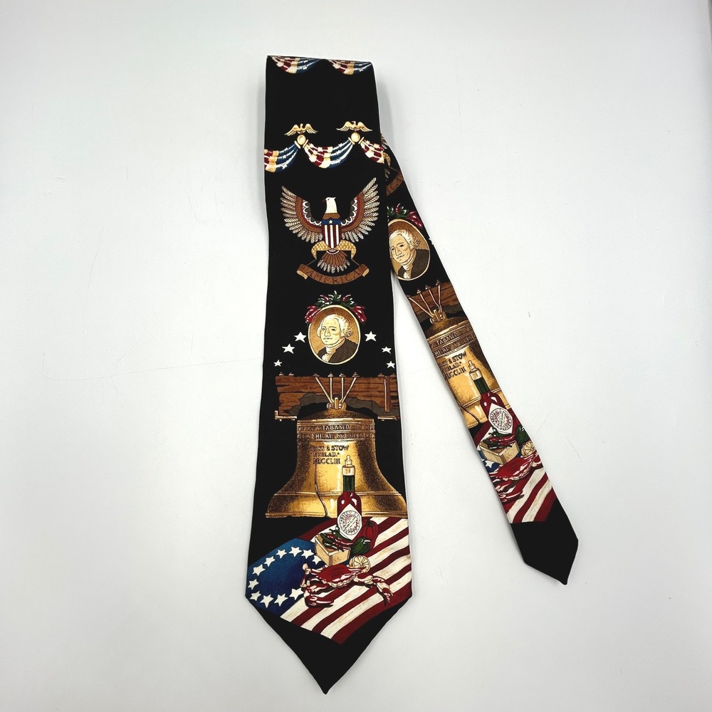 Tabasco Necktie Mens Patriotic Liberty Bell George Washington EUC 58 x 3.75 in